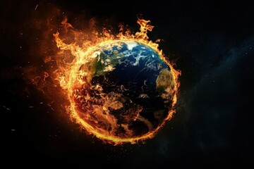 Fototapeta na wymiar Planet earth in flames on black background, concept of global warming and environmental preservation.