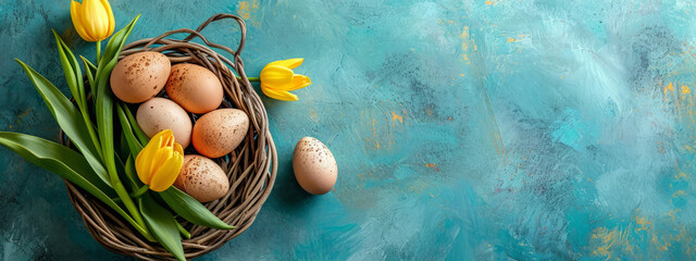 Easter greeting card banner with eggs in basket and tulips on blue turquoise background. View from above. Copy space.