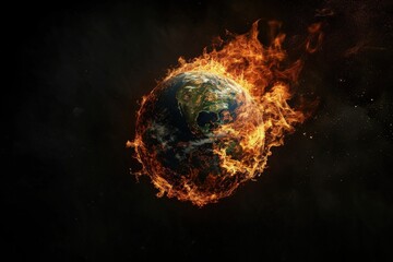 Planet earth in flames on black background, concept of global warming and environmental preservation.
