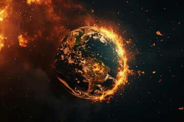 Planet earth in flames on black background, concept of global warming and environmental preservation.
