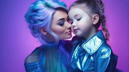 Mother and daughter high fashion shoot in galagram futuristic colors.