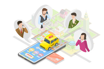 3D Isometric Flat  Conceptual Illustration of Taxi Online, City Transportation Service