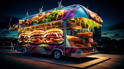 Verduisterende gordijnen Auto cartoon A wide-angle view of a vibrant food truck specializing in gourmet sliders, with a colorful menu board -Generative Ai