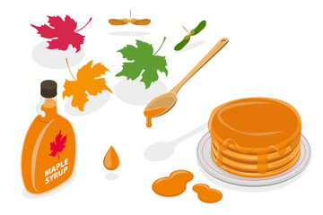 3D Isometric Flat  Set of Maple Syrup, Canadian Product
