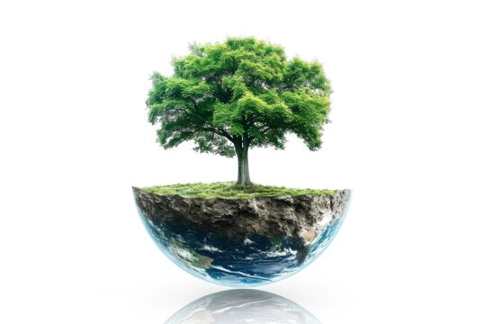 Tree over planet earth on white background, concept of save the planet and earth day.