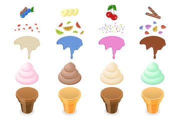 3D Isometric Flat  Conceptual Illustration of Creating Ice Cream, Sweet Summer Delicacy Sundaes