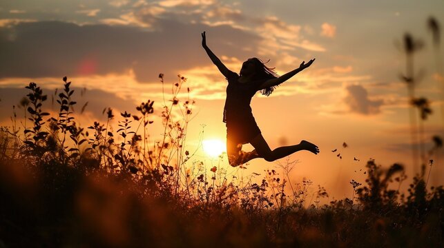 Silhouette of a happy girl jumping up against the sunset. Created with Generative Ai technology.