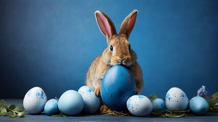 Fototapeta na wymiar Easter bunny rabbit with blue painted egg on blue background