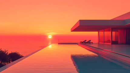 Sunrise over House and Swimming Pool on the Ocean