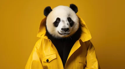 Foto op Plexiglas Hipster panda in a coat on a yellow background © brillianata