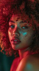 Portrait Capturing the Beauty of a Curly Haired Black Mixed Race Young Woman, Illuminated by Soft Bright Light.