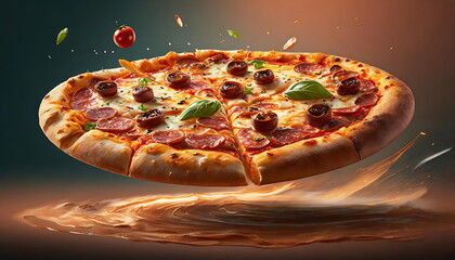 A  pizza floating in mid-air, defying gravity with a perfectly melted layer of cheese stretching from the slice, accompanied by vibrant tomato sauce and assorted toppings.