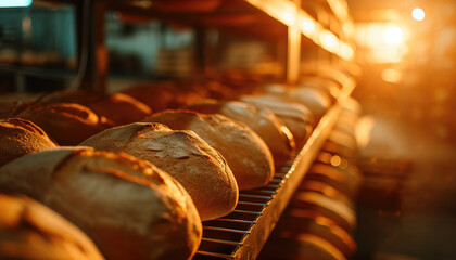 bread is on a rack in a bakery