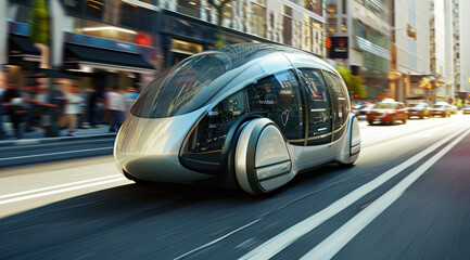 an electric car is driving on a city street with futuristic architecture