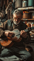 Obraz premium Male Musician Immersed in the Art of Guitar Playing, Surrounded by the Tools of His Craft in His Own Repair Shop