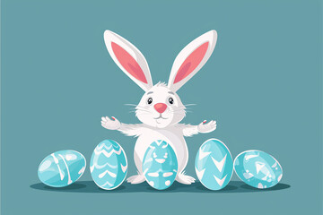 Joyful white Easter bunny and decorated eggs on a blue background. Copy space.