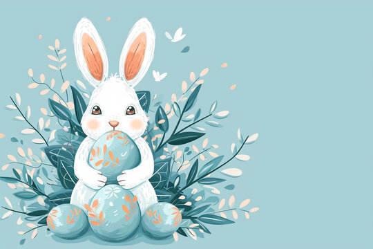 A white Easter bunny in flowers near decorated eggs on a blue background. Copy space.