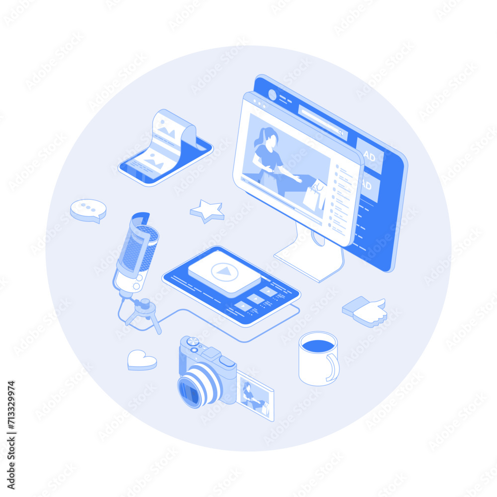 Wall mural video blogging. making video content for blog or vlog in social networks. video streaming in social 