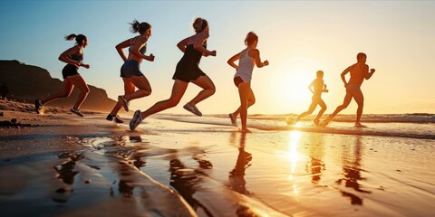 Group of young people running on beach at sunset. healthy holiday concept - obrazy, fototapety, plakaty