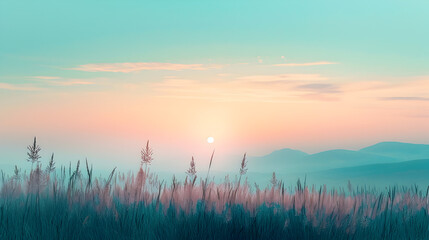 Fototapeta premium Scenic Sunset Over Mountains and Grass