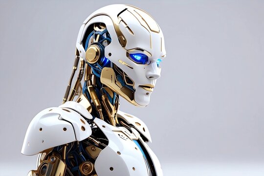 Robot android in golden-white color, clean background