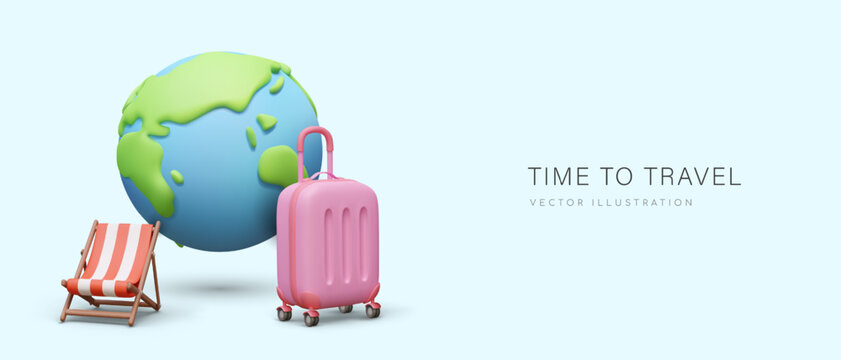 Time to travel. Realistic globe, suitcase on wheels, deck chair. Concept of comfortable tourism. Interesting vacation in another country. Advertising banner on blue background with place for text