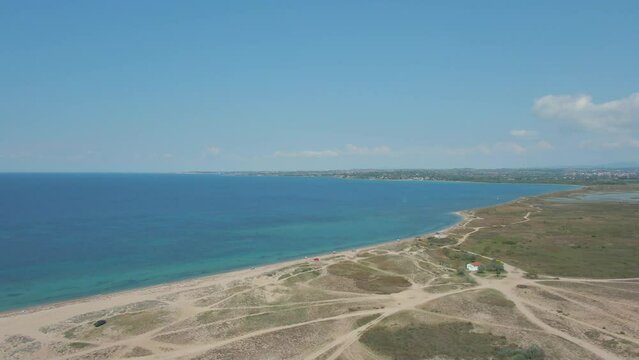 Aerial view of amazing coast of Halkidiki region in northern Greece with beautiful triangle beach, Mur, ściana point and Shipwreck Epanomi.