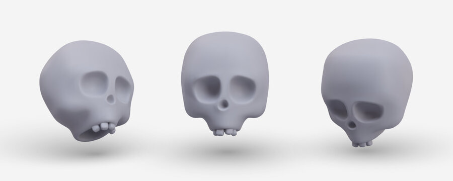 3D white human skulls in different positions. Skeleton head, zombie with crooked teeth. Scary decorative items for Halloween. Set of isolated vector templates