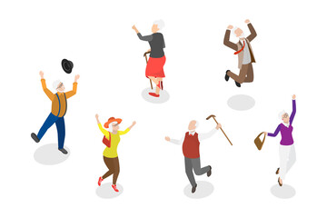 3D Isometric Flat  Conceptual Illustration of Happy Seniors, Retired Dancers