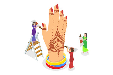 3D Isometric Flat  Conceptual Illustration of Mehndi, Indian Body Art