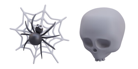Composition with black spider spinning web and cartoon decorative human scull in gray color. Mask or costume element. Vector illustration in 3d style and white background