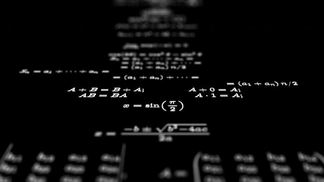 Close-up of mathematical formulas on a black background. 3D rendering animation.