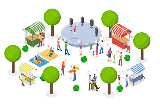 3D Isometric Flat  Conceptual Illustration of Festival, Street Market Fair