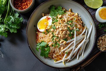 "Chicken Pad Thai" chicken breast strips, boiled eggs, tamarind paste, fish sauce, chopped peanuts, chopped coriander leaves, cooked rice noodles, chopped spring onions, ground pepper, minced garlic 
