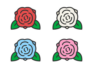 いろいろな色の、薔薇の花のアイコン（線画カラー）のイラスト