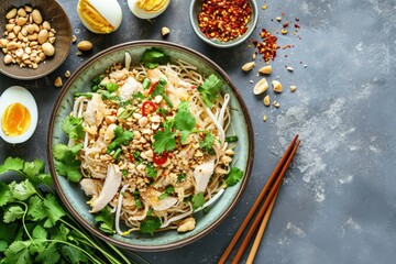 "Chicken Pad Thai" chicken breast strips, boiled eggs, tamarind paste, fish sauce, chopped peanuts, chopped coriander leaves, cooked rice noodles, chopped spring onions, ground pepper, minced garlic