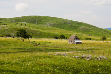 Rural house in a picturesque landscape, surrounded by rolling green hills.