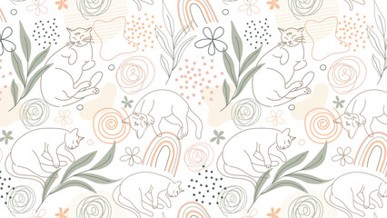 Seamless pattern with cats and flowers in pastel colors.Boho style.