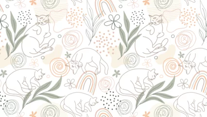 Foto op Plexiglas anti-reflex Seamless pattern with cats and flowers in pastel colors.Boho style. © Anna Alekseeva