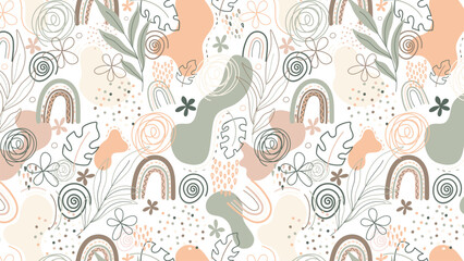 Seamless pattern with hand drawn flowers and leaves in pastel colors. Boho style.