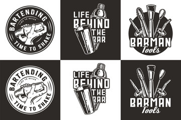 Bartender design with boston shaker in hands for bartending school. Vector emblem set of chromed metal equipment or cocktail bar tool for barman or barkeep