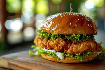 fried chicken burger with lettuce and mayonnaise served on wooden table