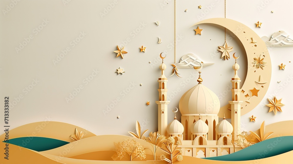 Wall mural  mosque in paper style for ramadan background - AI Generated 