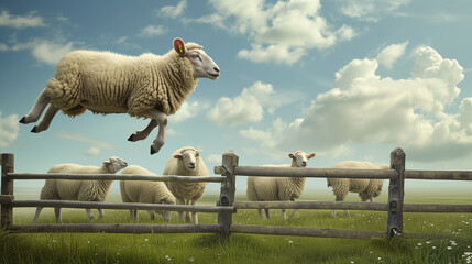 Sheep escaping from farm by  jumping over a wooden fence. Other sheep are watching. - obrazy, fototapety, plakaty