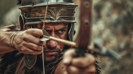 Archery Mastery in Ancient Rome: A 28-Year-Old Roman Archer, Clad in Lorica Segmentata and a Distinctive Helmet, Demonstrates Precision on the Battlefield, Drawing a Composite Bow Against Distant Adve