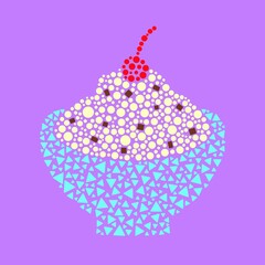 Mosaic-style bowl of chocolate chip ice cream made of small circles and triangles on purple background