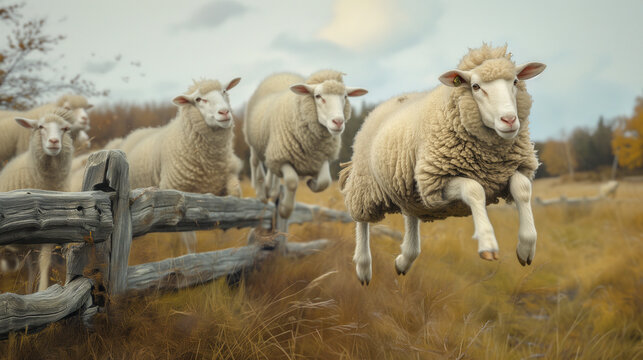 Sheep escaping from farm by  jumping over a wooden fence. Other sheep are watching.