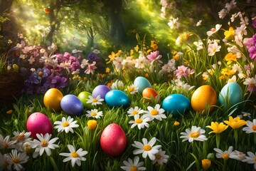 Fototapeta na wymiar A vibrant Easter egg hunt scene in a blooming garden with colorful eggs hidden among the flowers and greenery.