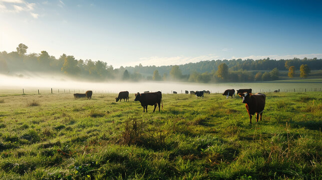 Panorama of grazing cows in a meadow with grass covered with dewdrops and morning fog. AI Generative