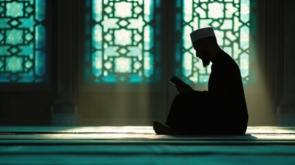 Silhouette of a Muslim man praying and reading quran in the mosque - AI Generated - obrazy, fototapety, plakaty